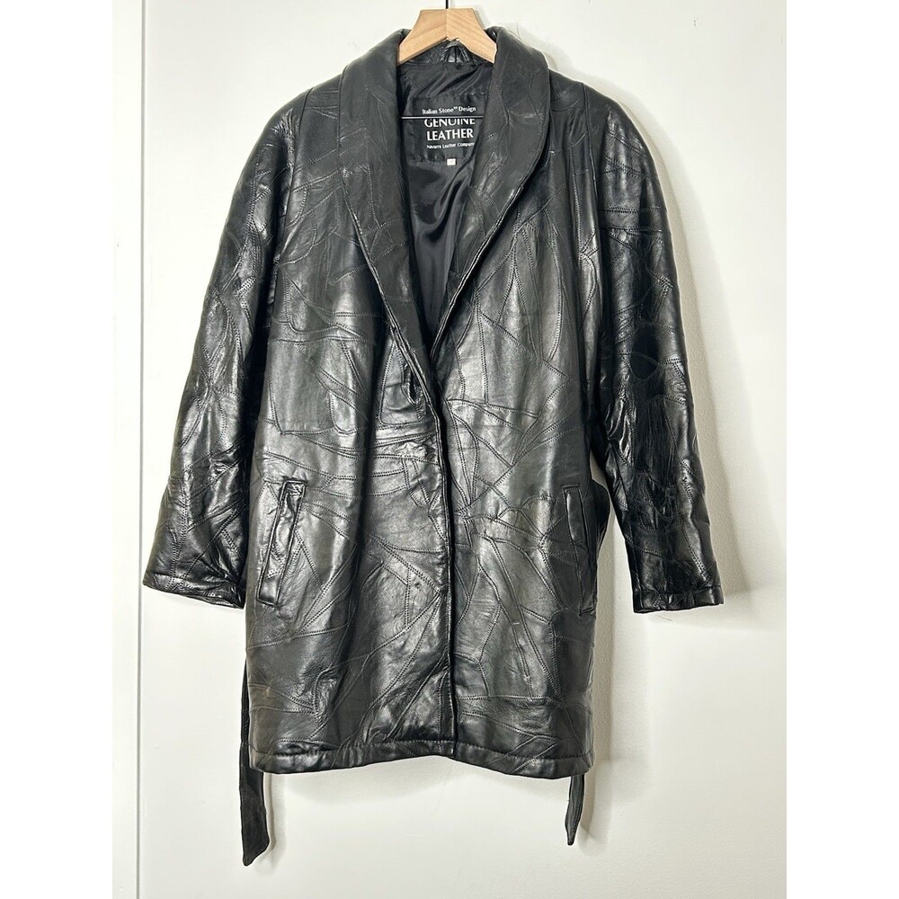 Navarre Leather Wrap Coat Mosaic Medium Black Italian Stone Tie Closure Trench